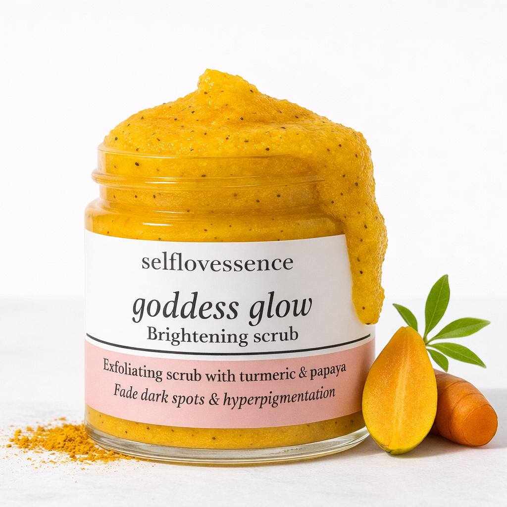 Jar of selflovessence goddess glow brightening scrub with turmeric and papaya on a white background