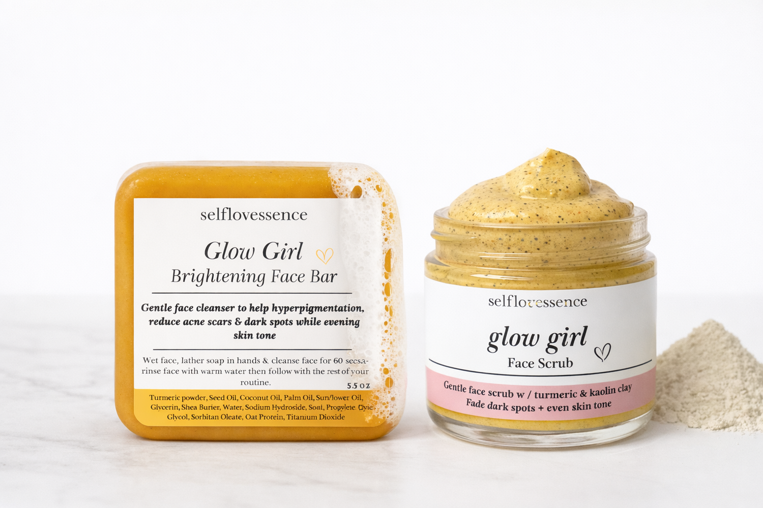 selfloveessence Glow Girl Brightening Face Bar and Face Scrub on a white background
