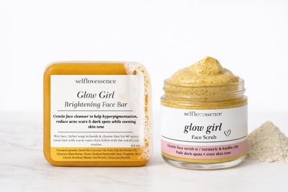 selfloveessence Glow Girl Brightening Face Bar and Face Scrub on a white background